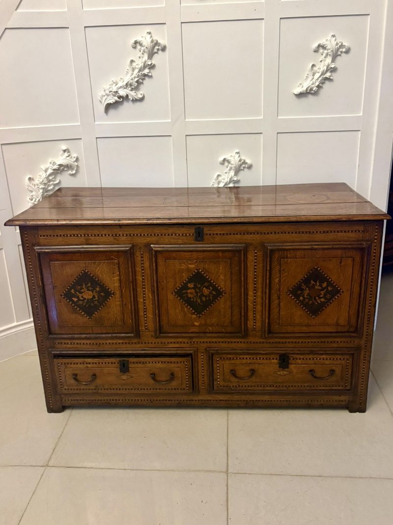 Exceptional Quality 17th Century Antique Oak Mule Chest with Marquetry Inlay